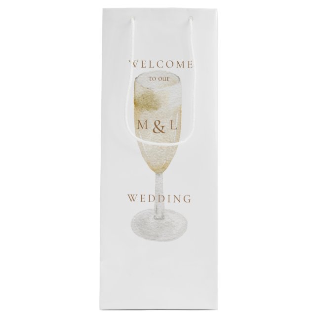 Sac Cadeau Pour Bouteille Champagne & Or Monogramme Mariage blanc Bienvenue (Devant)