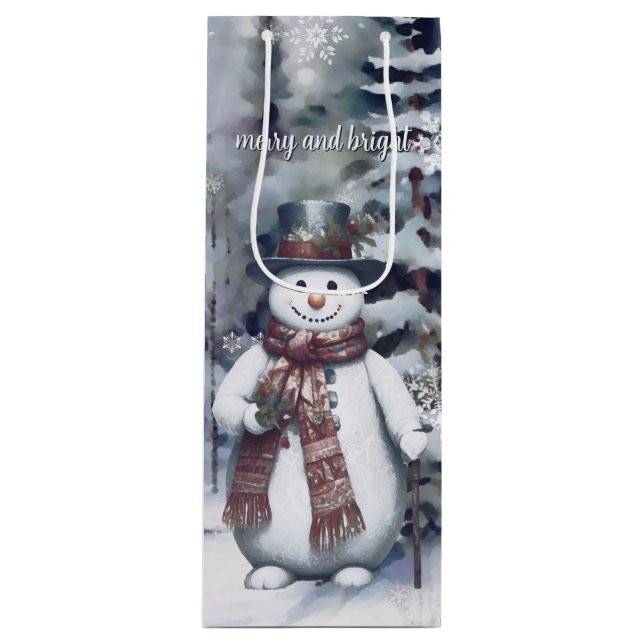 Sac Cadeau Pour Bouteille Charmant Snowman Aquarelle Forêt d'hiver (Devant)