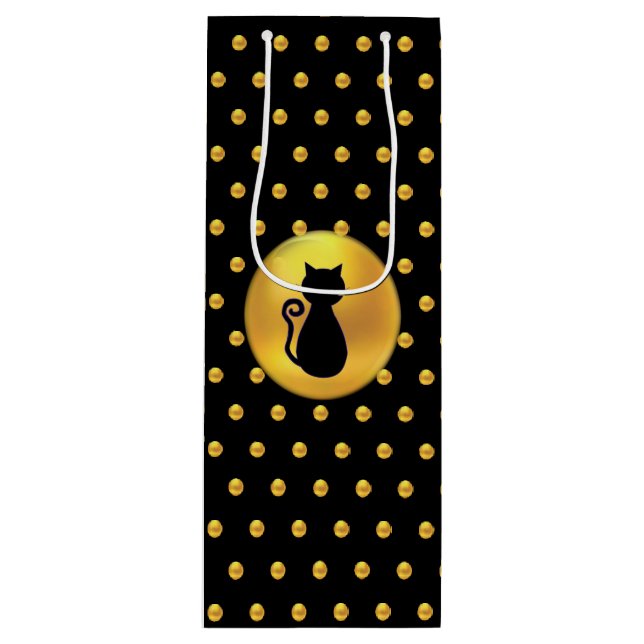 Sac Cadeau Pour Bouteille Chat noir et Pois d'or (Devant)