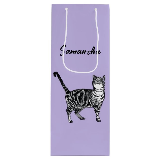 Sac Cadeau Pour Bouteille Chatte tigrée noire et blanche Nom Violet  (Devant)
