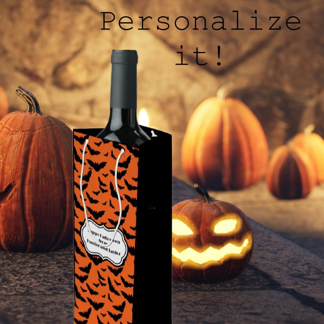 Sac Cadeau Pour Bouteille Chauves-souris customisées d'Halloween noir et ora (Personalize these wine bags for 
extra special Halloween gifts.)