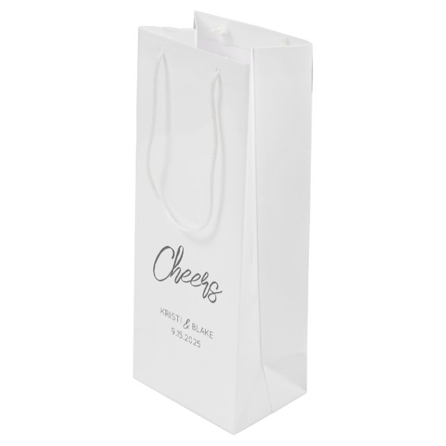 Sac Cadeau Pour Bouteille CHEERS Mariage DATE Couple NOMS Moderne Minimalist (Devant Angle)