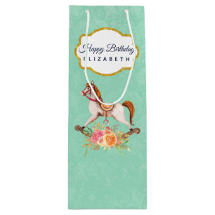 Sac Cadeau Pour Bouteille Cheval à Rocks vintage avec Bouquet Floral Anniver