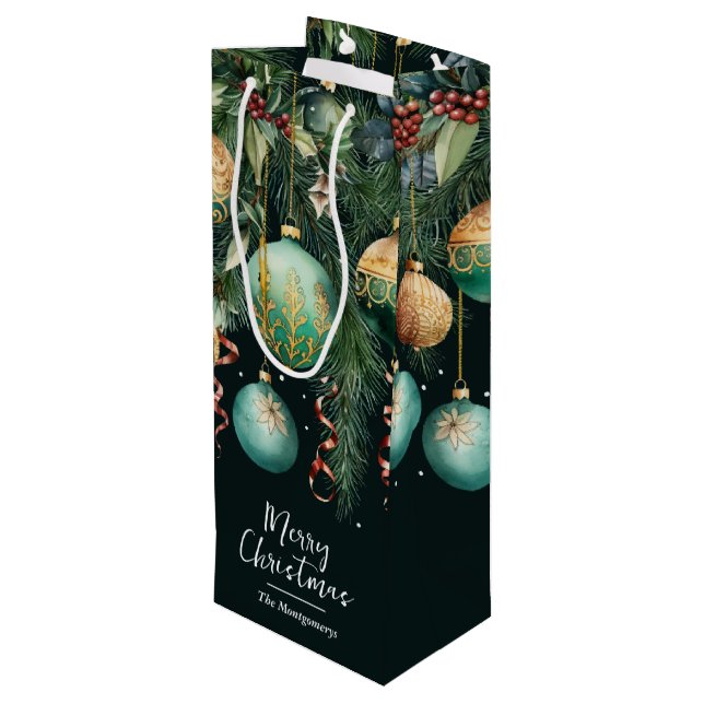 Sac Cadeau Pour Bouteille Chic Gold and Green Christmas Tree Ornaments (Dos Angle)