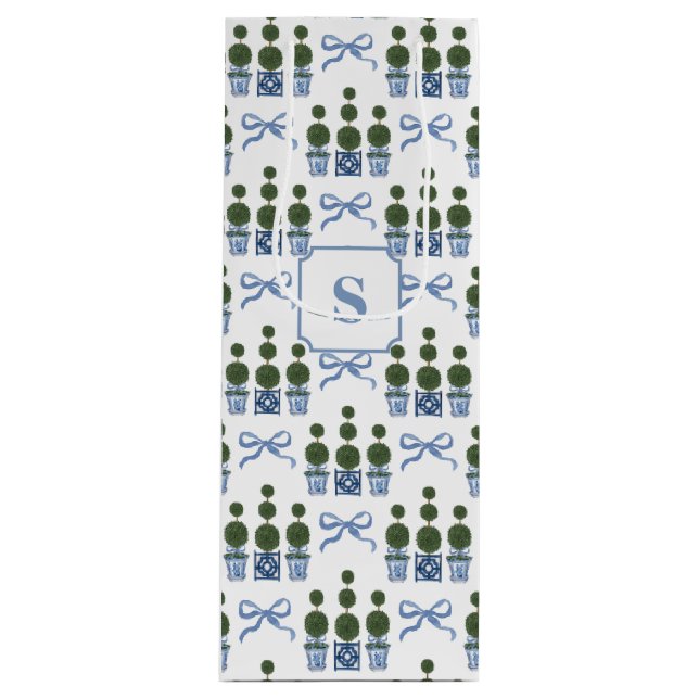 Sac Cadeau Pour Bouteille Chinoiserie Arbre Topiaire Bow Bleu (Devant)