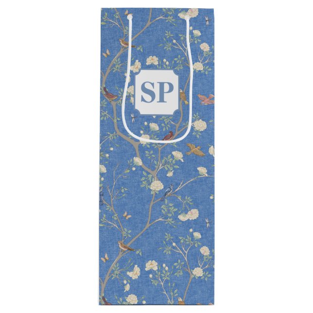 Sac Cadeau Pour Bouteille Chinoiserie Camellia Garden Breeze bleu (Devant)