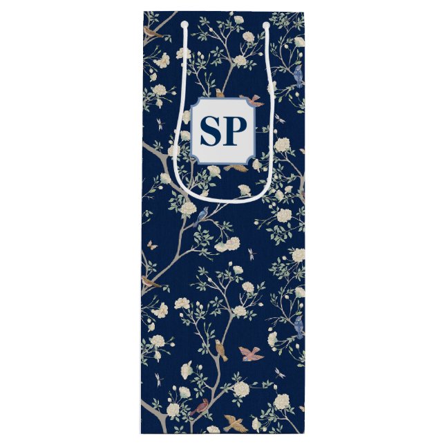 Sac Cadeau Pour Bouteille Chinoiserie Camellia Jardin Marine Bleu (Devant)