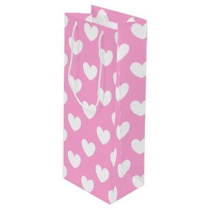 Sac Cadeau Pour Bouteille Coeurs de polka blanc sur Cotton Candy rose