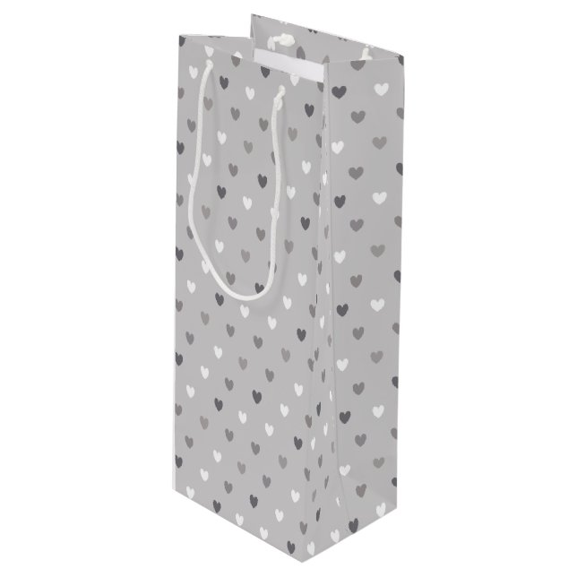 Sac Cadeau Pour Bouteille Coeurs de polka minuscules dans les tons gris (Devant Angle)