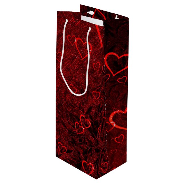 Sac Cadeau Pour Bouteille Coeurs noirs rouges gothiques (Devant Angle)