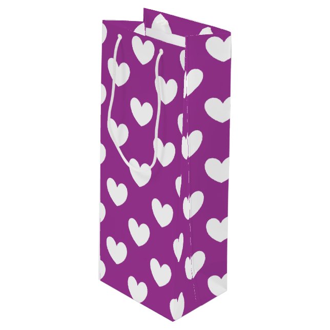 Sac Cadeau Pour Bouteille Coeurs polka blanc sur violet (Devant Angle)