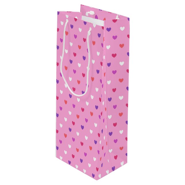 Sac Cadeau Pour Bouteille Coeurs polka rose (Devant Angle)