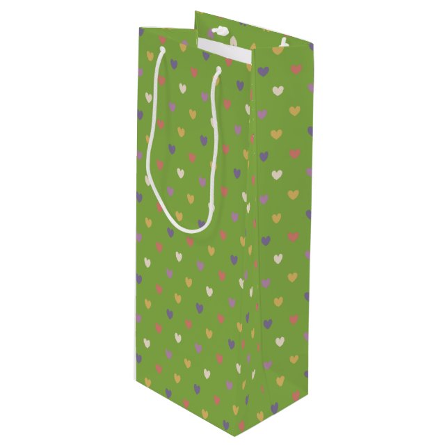 Sac Cadeau Pour Bouteille Coeurs Polka sur vert vert (Devant Angle)