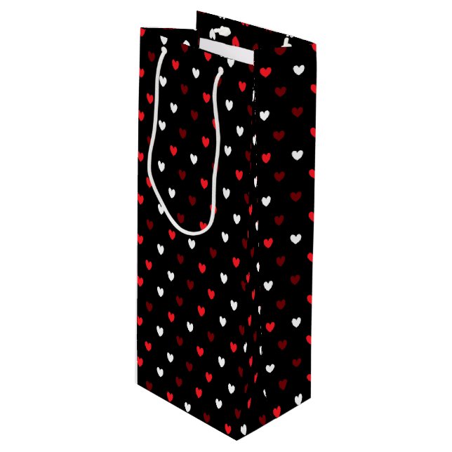 Sac Cadeau Pour Bouteille Coeurs rouge et blanc sur noir (Devant Angle)