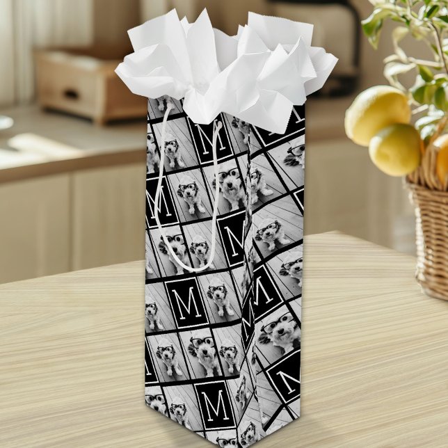 Sac Cadeau Pour Bouteille Collage photo tendance noir et blanc avec Monogram (Custom Gift Bag with Multiple Photos)