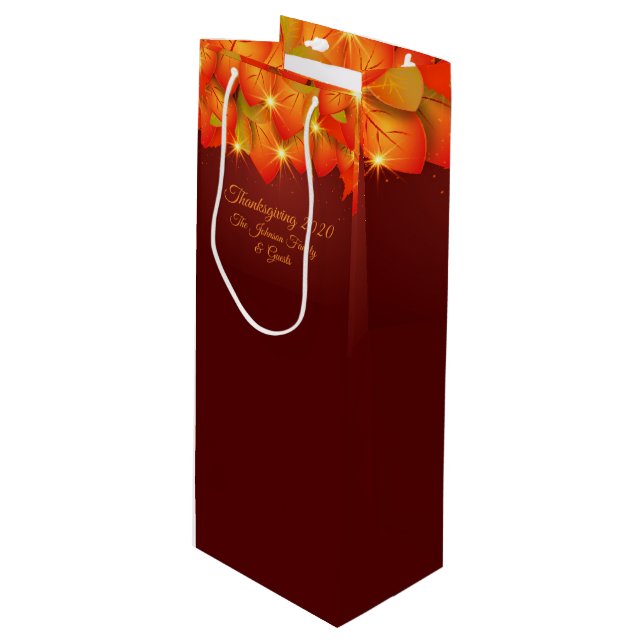 Sac Cadeau Pour Bouteille Correspondance Thanksgiving Orange Leaf Nom Année  (Devant Angle)