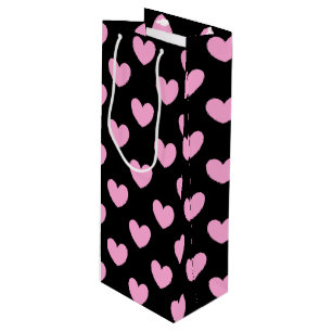 Sac Cadeau Pour Bouteille Coton Candy Pink coeurs de polka sur noir