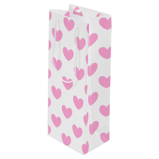 Sac Cadeau Pour Bouteille Coton Candy Pink coeurs sur blanc (Devant Angle)