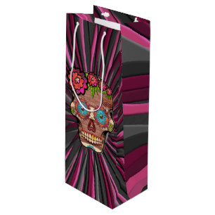 Sac Cadeau Pour Bouteille Crâne de sucre en bois sculpté avec couronne fleur