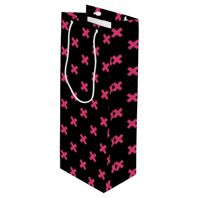 Sac Cadeau Pour Bouteille Crochis Fuchsia sur noir (Devant Angle)