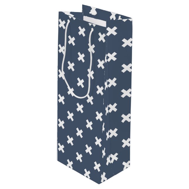 Sac Cadeau Pour Bouteille Croix blanches sur bleu-gris (Devant Angle)