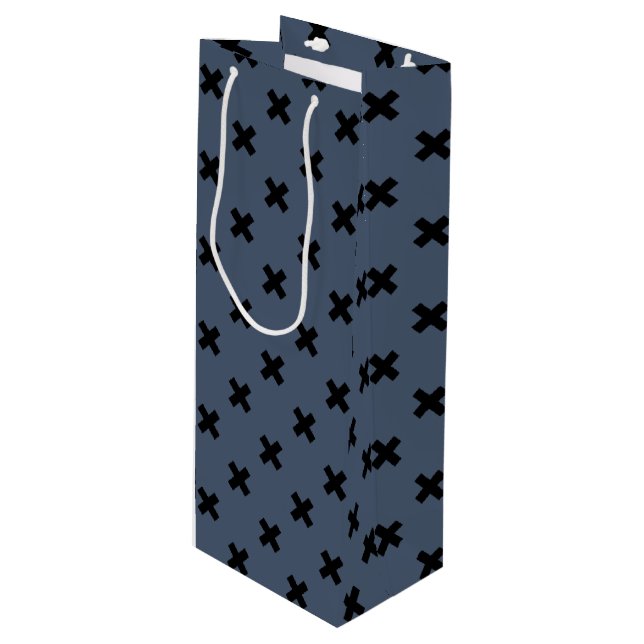 Sac Cadeau Pour Bouteille Croix noire coutures sur bleu-gris (Devant Angle)