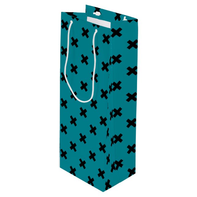 Sac Cadeau Pour Bouteille Croix noire sur turquoise (Devant Angle)