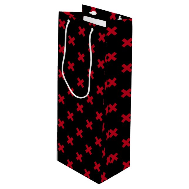 Sac Cadeau Pour Bouteille Croix rouge coutures sur noir (Devant Angle)
