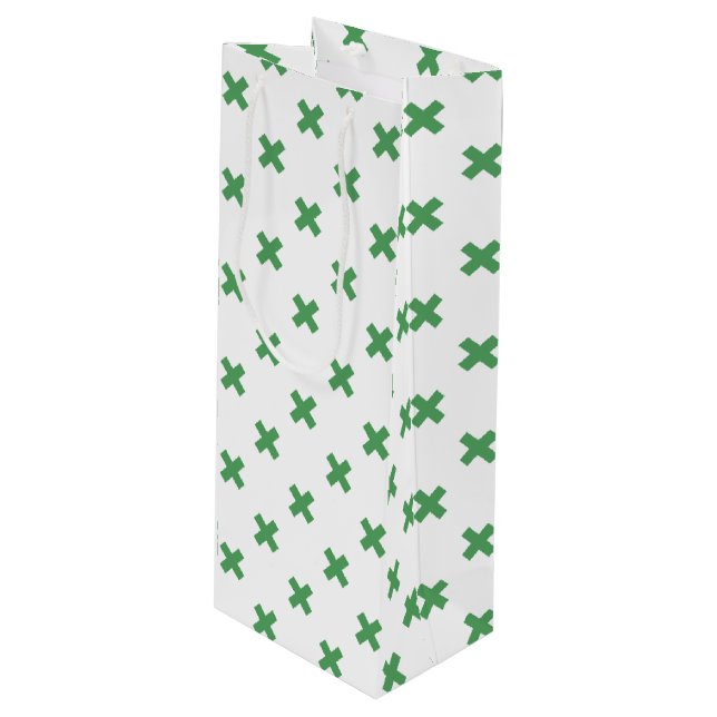 Sac Cadeau Pour Bouteille Croix verte coutures sur blanc (Devant Angle)