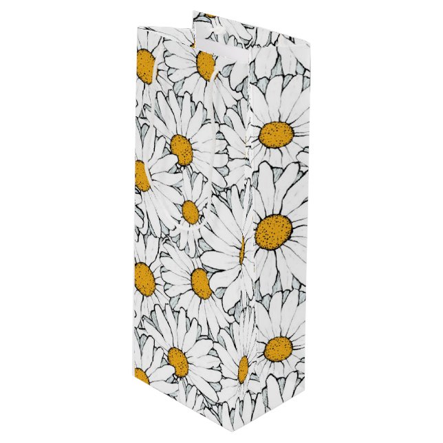 Sac Cadeau Pour Bouteille Cute Blanc Jaune Daisies Floral Art Motif (Devant Angle)
