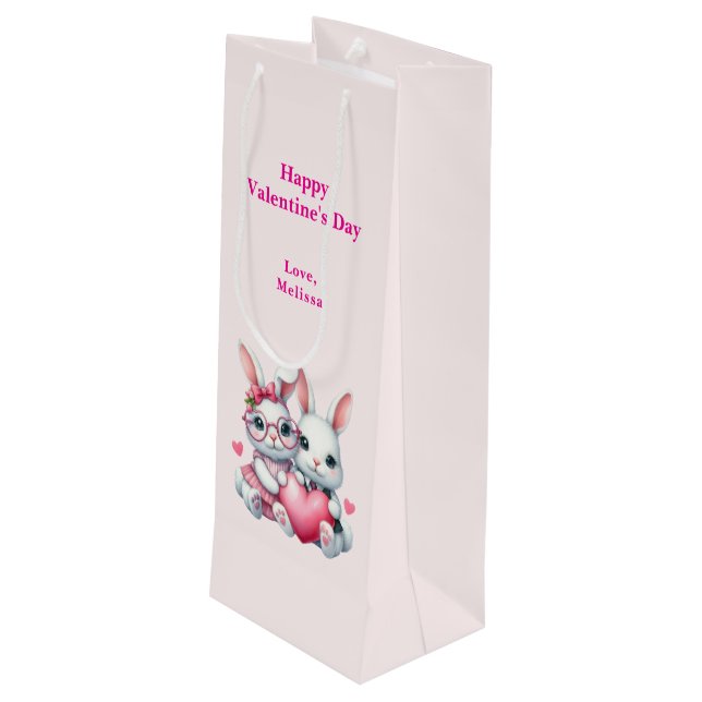 Sac Cadeau Pour Bouteille Cute Bunnies Sharing a Heart Valentine's Day (Dos Angle)