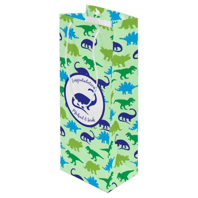 Sac Cadeau Pour Bouteille Cute Dinosaur Baby shower Dino Blue et Green Boy (Dos Angle)