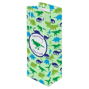 Sac Cadeau Pour Bouteille Cute Dinosaur Baby shower Dino Blue et Green Boy