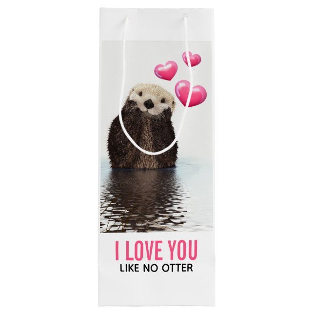 Sac Cadeau Pour Bouteille Cute Otter avec Coeurs roses Vous aimez jouer (Dos)