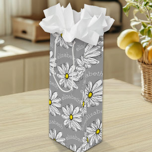 Sac Cadeau Pour Bouteille Daisy floral tendance avec nom personnalisé gris j