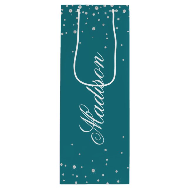 Sac Cadeau Pour Bouteille Diamants Chic Bleu de Port Nom Personnalisé (Devant)