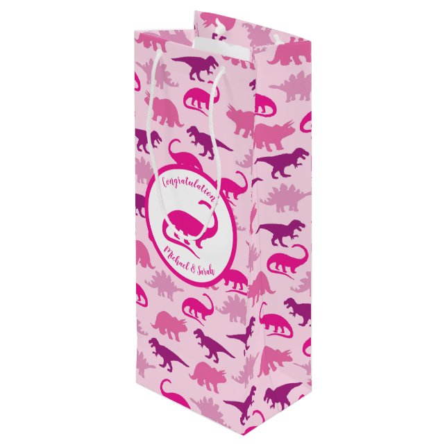 Sac Cadeau Pour Bouteille Dinosaur Baby shower Dino Rose Girl (Dos Angle)