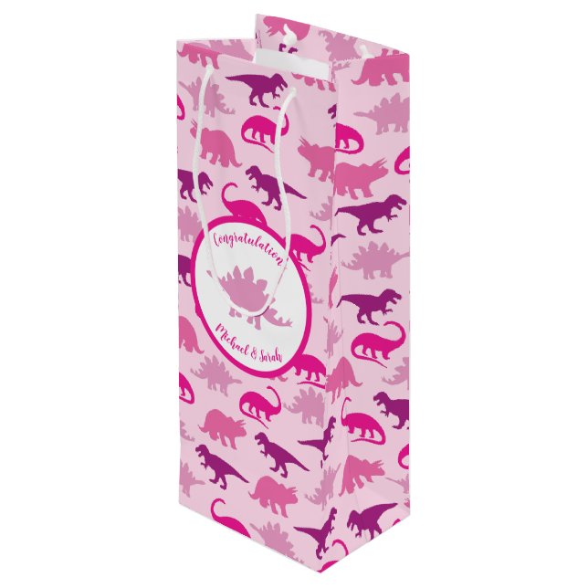 Sac Cadeau Pour Bouteille Dinosaure rose Baby shower mignonne Dino fille (Dos Angle)