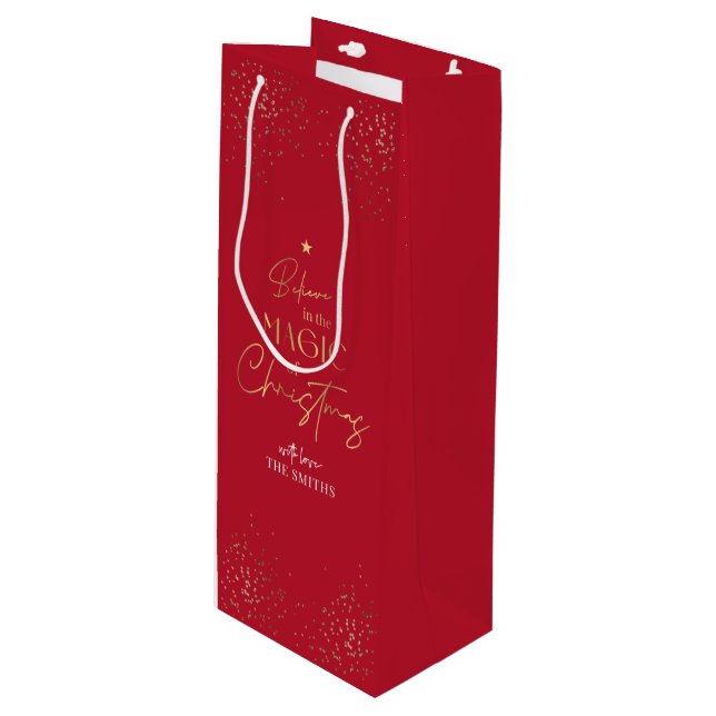 Sac Cadeau Pour Bouteille Elegant Gold Parties scintillant Rouge Nom de fami (Devant Angle)