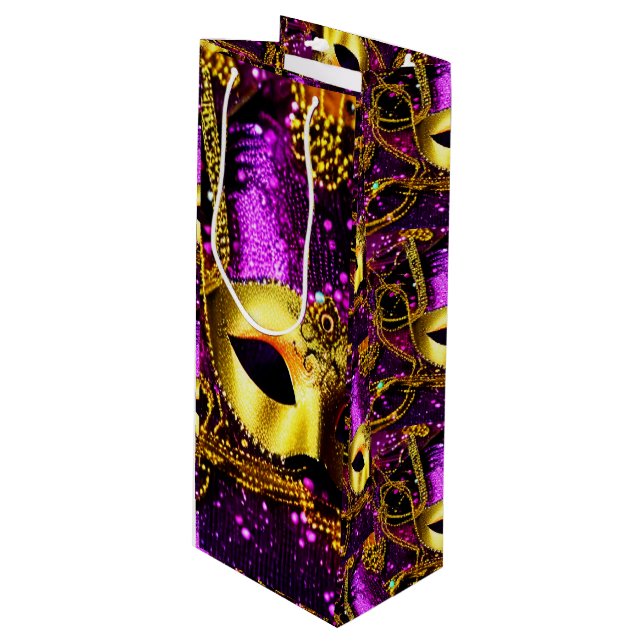 Sac Cadeau Pour Bouteille Elégant Masque Or (Devant Angle)