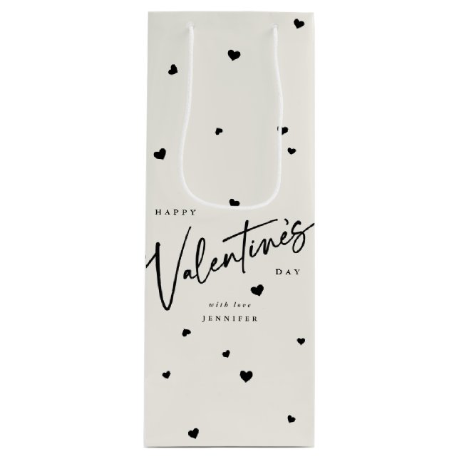 Sac Cadeau Pour Bouteille Élégant Script Police + Coeurs Saint-Valentin (Devant)