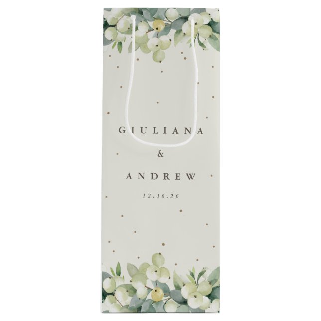 Sac Cadeau Pour Bouteille Elégante Crème Snowberry+Eucalyptus Mariage d'hive (Devant)