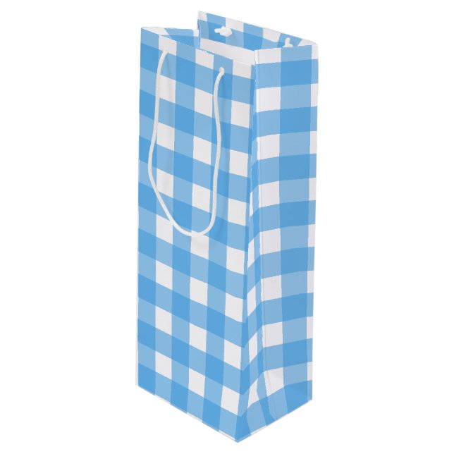Sac Cadeau Pour Bouteille En vichy bleu ciel (Devant Angle)