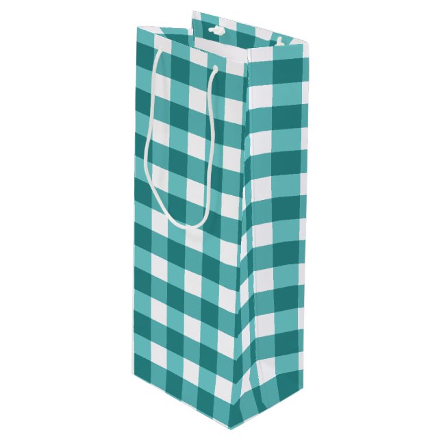 Sac Cadeau Pour Bouteille en vichy turquoise (Devant Angle)