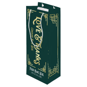 Sac Cadeau Pour Bouteille Entreprise Art Déco Amour & Merci Gold Green Gatsb