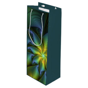 Sac Cadeau Pour Bouteille Etoile Abstraite, Bleu brillant Vert Or Fractal Ar