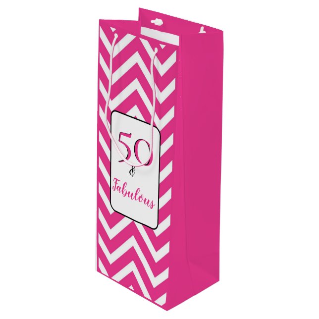 Sac Cadeau Pour Bouteille Fabuleux et 50 50e Anniversaire Chevrons Rose Blan (Devant Angle)