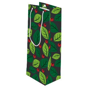 Sac Cadeau Pour Bouteille Feuilles verts, Berries Rouges, Motif Des Feuilles