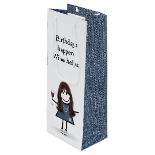 Sac Cadeau Pour Bouteille Figure Anniversaire fille avec verre à vin