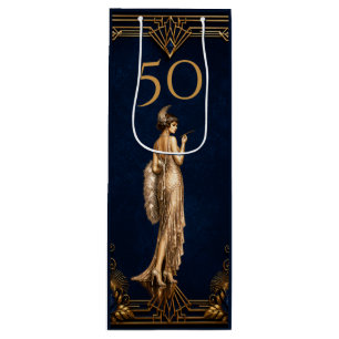 Sac Cadeau Pour Bouteille Fille flapper Art Déco 50ème bleu or Gatsby vin